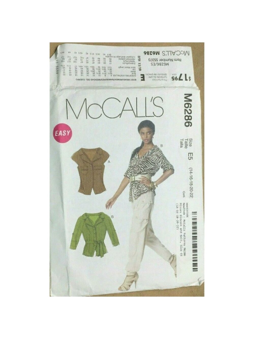 Sewing Pattern McCalls M6286 Misses Blouses and Belt Size 14-22 Uncut Easy 2011